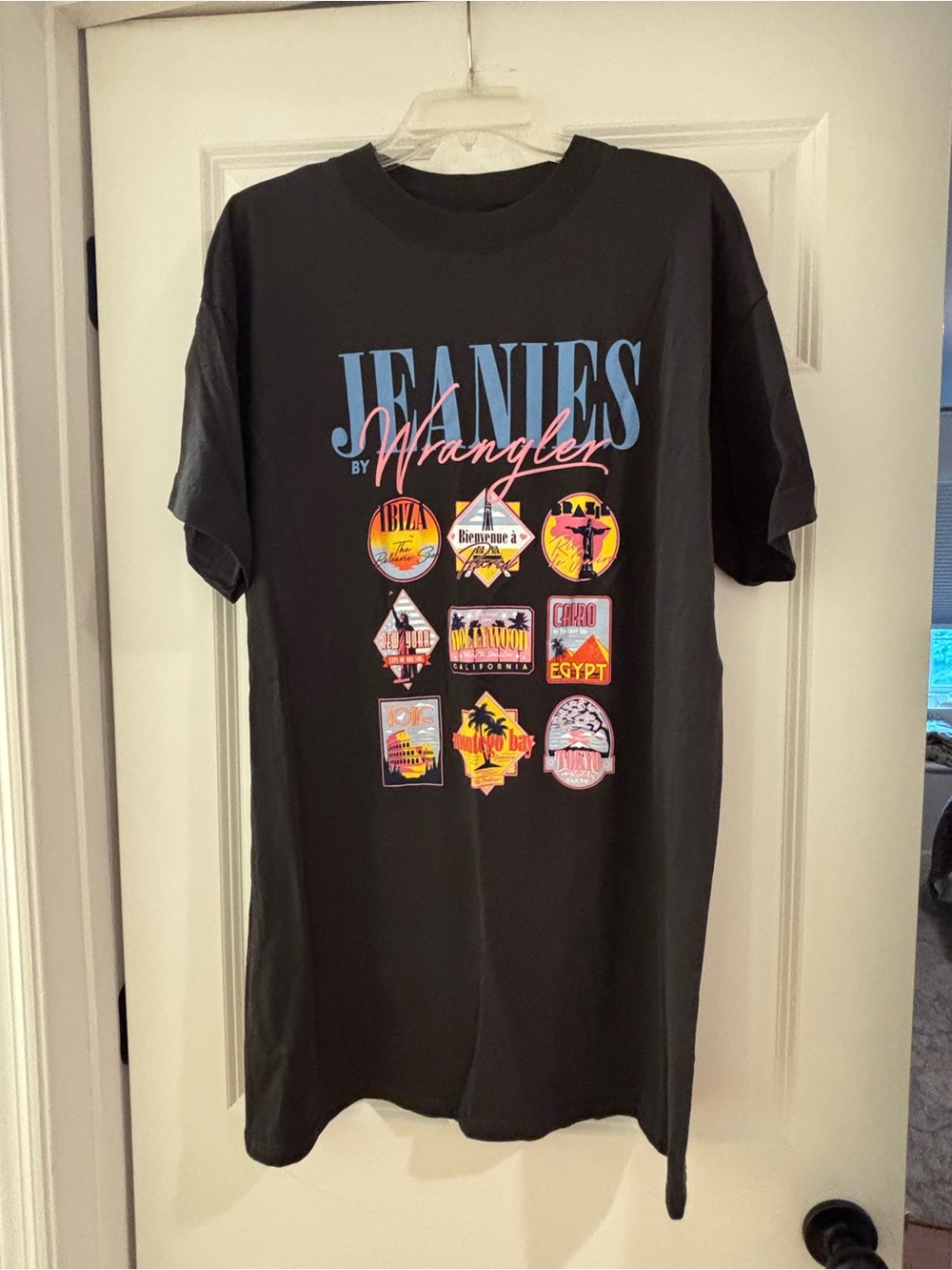 Wrangler Black Graphic Tee with Pastel Blue and Pink Logo